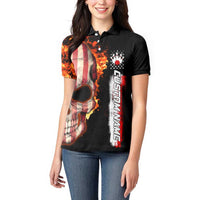 American Flag Skull Design Women Polo Shirt with Bowling Elements and Fire Background with Custom Team Name Text - Wonder Print Shop