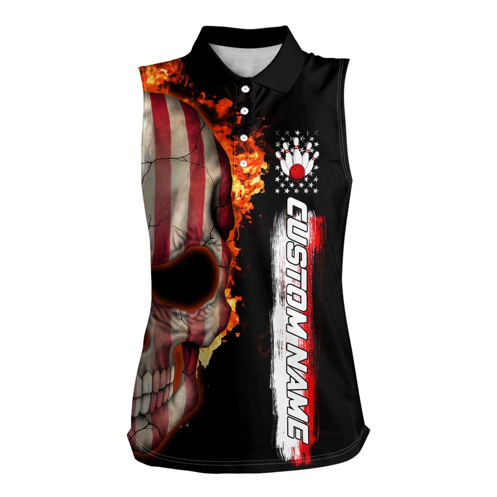 American Flag Skull Design Women Sleeveless Polo Shirt with Bowling Elements and Fire Background with Custom Team Name Text - Wonder Print Shop