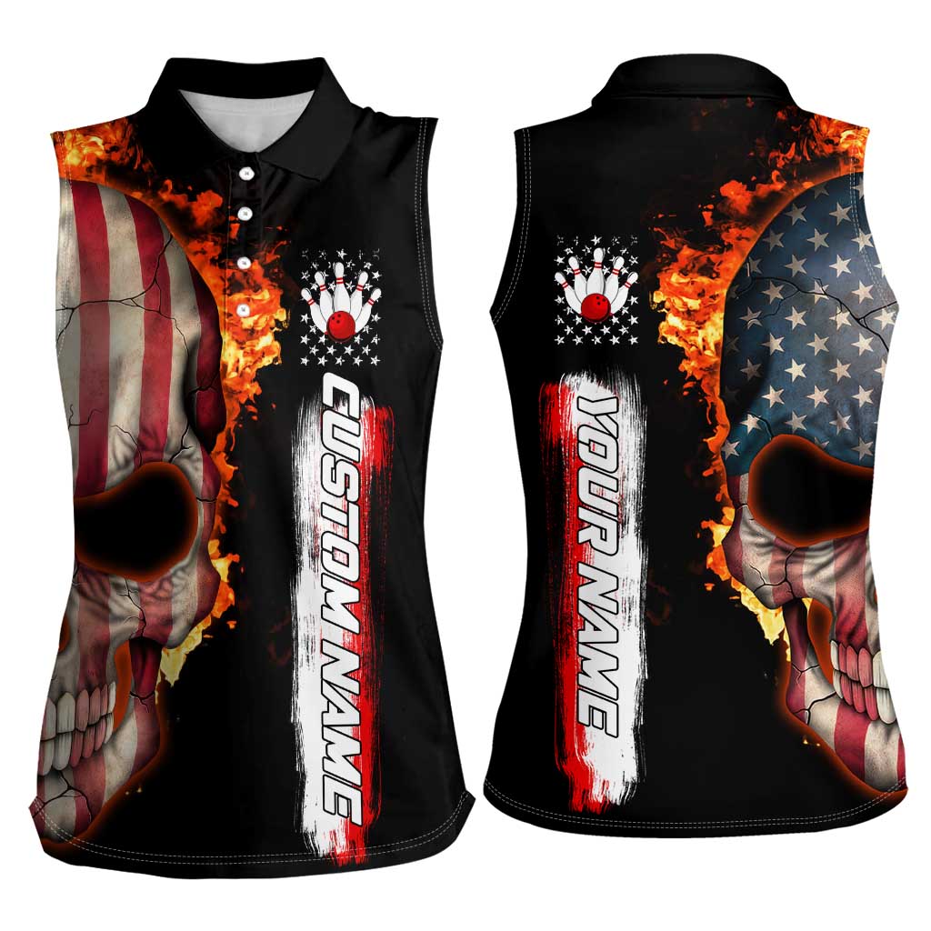 American Flag Skull Design Women Sleeveless Polo Shirt with Bowling Elements and Fire Background with Custom Team Name Text - Wonder Print Shop