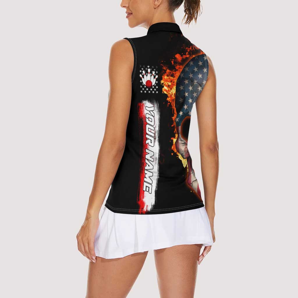American Flag Skull Design Women Sleeveless Polo Shirt with Bowling Elements and Fire Background with Custom Team Name Text - Wonder Print Shop