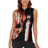 American Flag Skull Design Women Sleeveless Polo Shirt with Bowling Elements and Fire Background with Custom Team Name Text - Wonder Print Shop