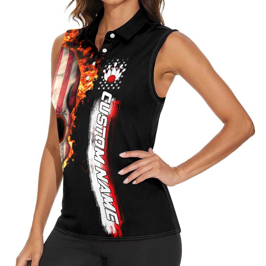 American Flag Skull Design Women Sleeveless Polo Shirt with Bowling Elements and Fire Background with Custom Team Name Text - Wonder Print Shop