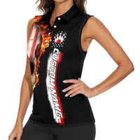 American Flag Skull Design Women Sleeveless Polo Shirt with Bowling Elements and Fire Background with Custom Team Name Text - Wonder Print Shop