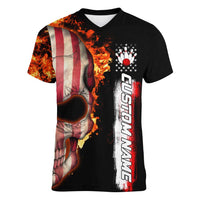 American Flag Skull Design Women V-Neck T-Shirt with Bowling Elements and Fire Background with Custom Team Name Text - Wonder Print Shop