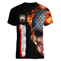 American Flag Skull Design Women V-Neck T-Shirt with Bowling Elements and Fire Background with Custom Team Name Text - Wonder Print Shop