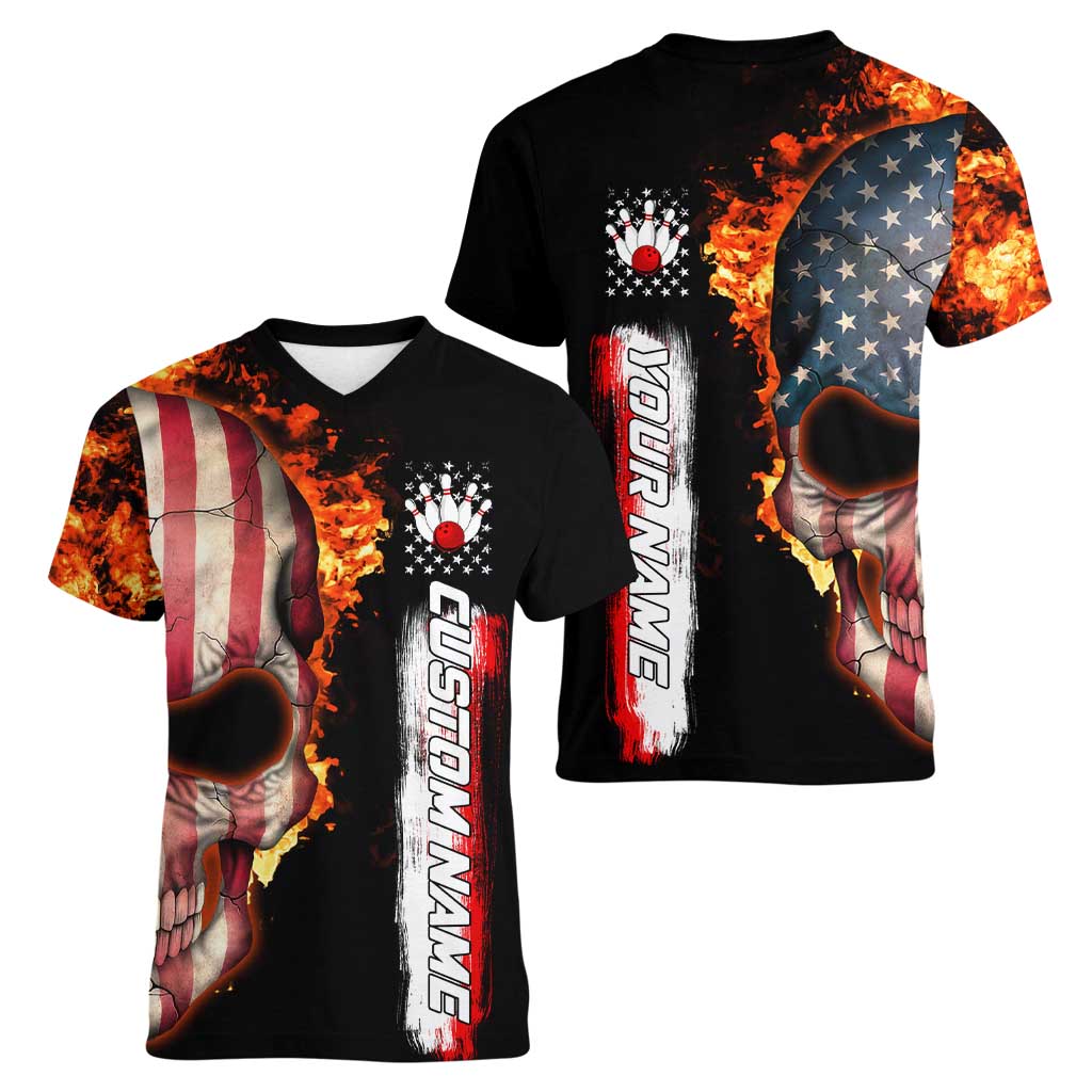 American Flag Skull Design Women V-Neck T-Shirt with Bowling Elements and Fire Background with Custom Team Name Text - Wonder Print Shop