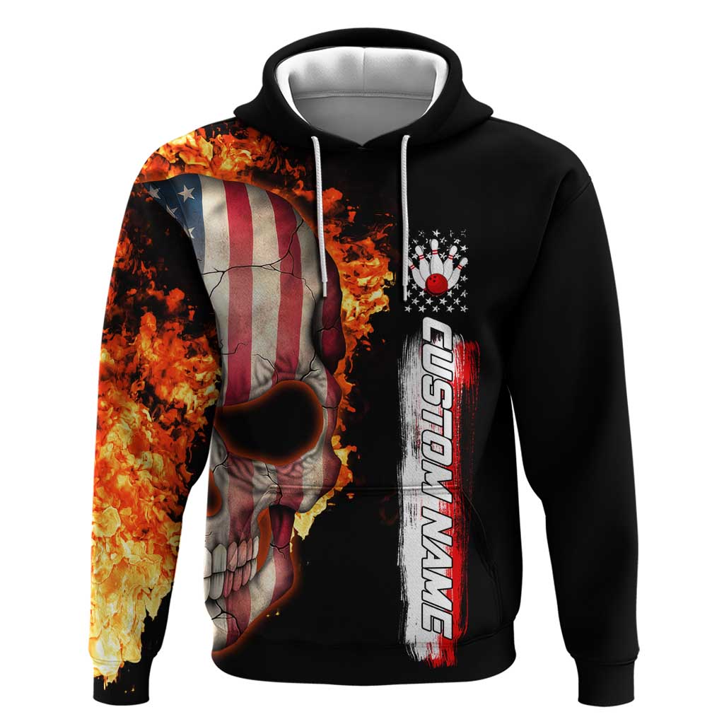 American Flag Skull Design Zip Hoodie with Bowling Elements and Fire Background with Custom Team Name Text - Wonder Print Shop