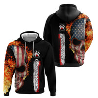 American Flag Skull Design Zip Hoodie with Bowling Elements and Fire Background with Custom Team Name Text - Wonder Print Shop
