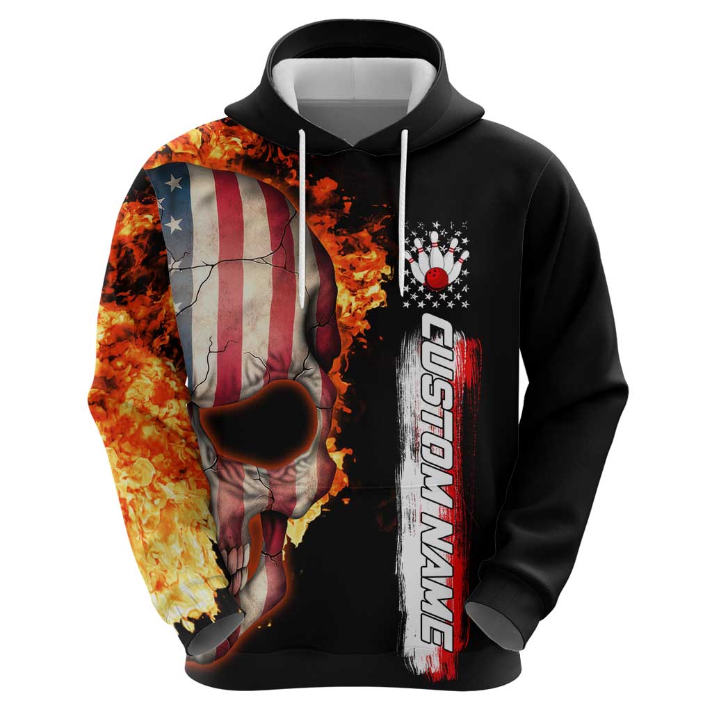 American Flag Skull Design Zip Hoodie with Bowling Elements and Fire Background with Custom Team Name Text - Wonder Print Shop