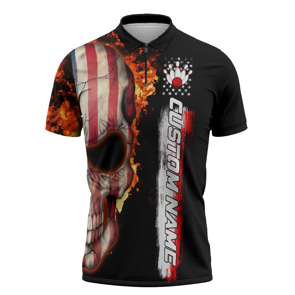 American Flag Skull Design Zipper Polo Shirt with Bowling Elements and Fire Background with Custom Team Name Text - Wonder Print Shop
