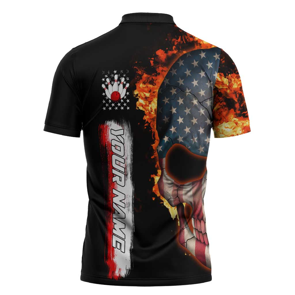 American Flag Skull Design Zipper Polo Shirt with Bowling Elements and Fire Background with Custom Team Name Text - Wonder Print Shop