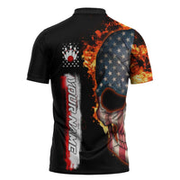 American Flag Skull Design Zipper Polo Shirt with Bowling Elements and Fire Background with Custom Team Name Text - Wonder Print Shop
