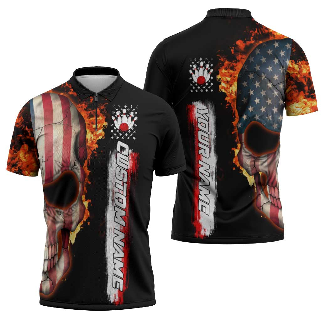 American Flag Skull Design Zipper Polo Shirt with Bowling Elements and Fire Background with Custom Team Name Text - Wonder Print Shop