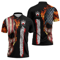 American Flag Skull Design Zipper Polo Shirt with Bowling Elements and Fire Background with Custom Team Name Text - Wonder Print Shop