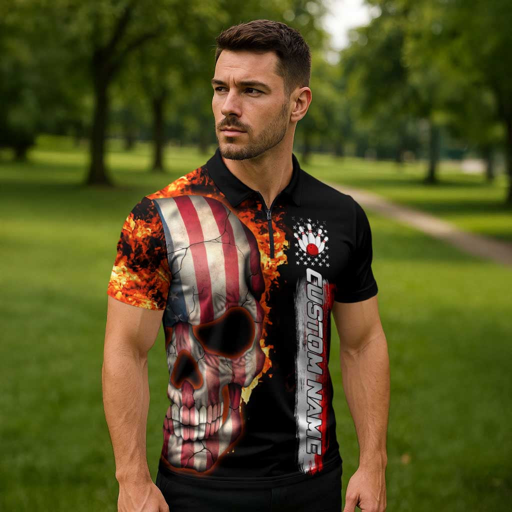 American Flag Skull Design Zipper Polo Shirt with Bowling Elements and Fire Background with Custom Team Name Text - Wonder Print Shop