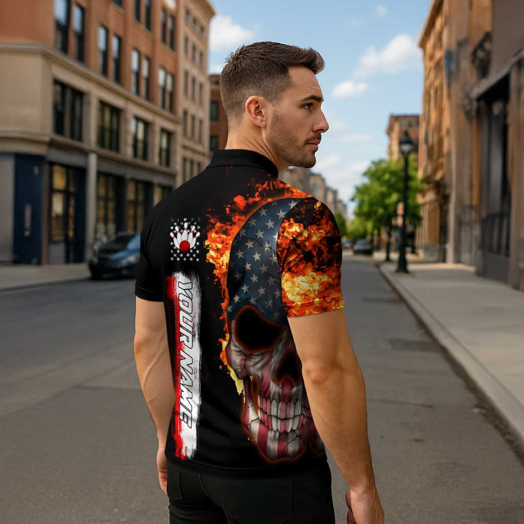 American Flag Skull Design Zipper Polo Shirt with Bowling Elements and Fire Background with Custom Team Name Text - Wonder Print Shop