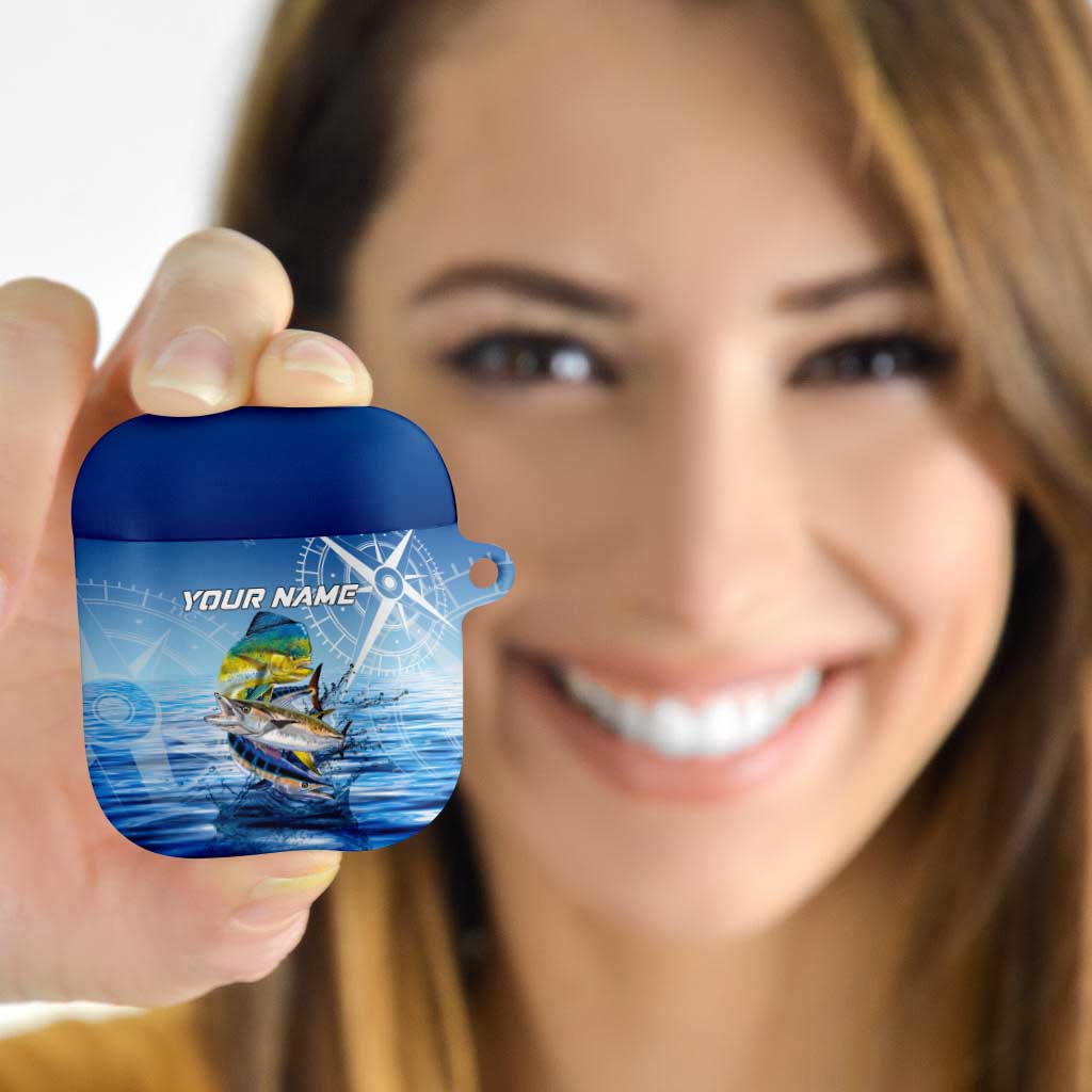 Mahi Mahi and Tuna Fish AirPods Case Fishing Ocean Water Background and Nautical Compass Elements - Wonder Print Shop