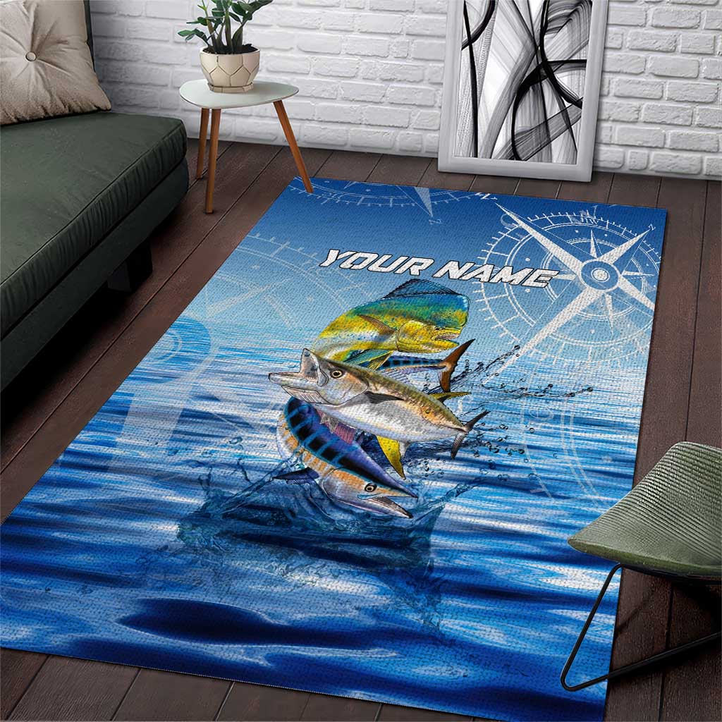 Mahi Mahi and Tuna Fish Area Rug Fishing Ocean Water Background and Nautical Compass Elements - Wonder Print Shop