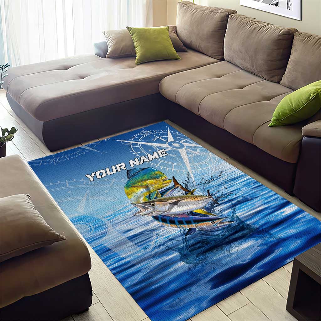 Mahi Mahi and Tuna Fish Area Rug Fishing Ocean Water Background and Nautical Compass Elements - Wonder Print Shop