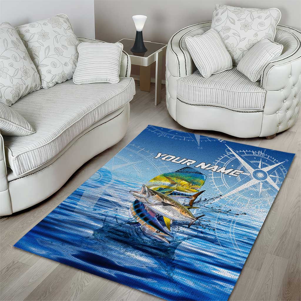 Mahi Mahi and Tuna Fish Area Rug Fishing Ocean Water Background and Nautical Compass Elements - Wonder Print Shop