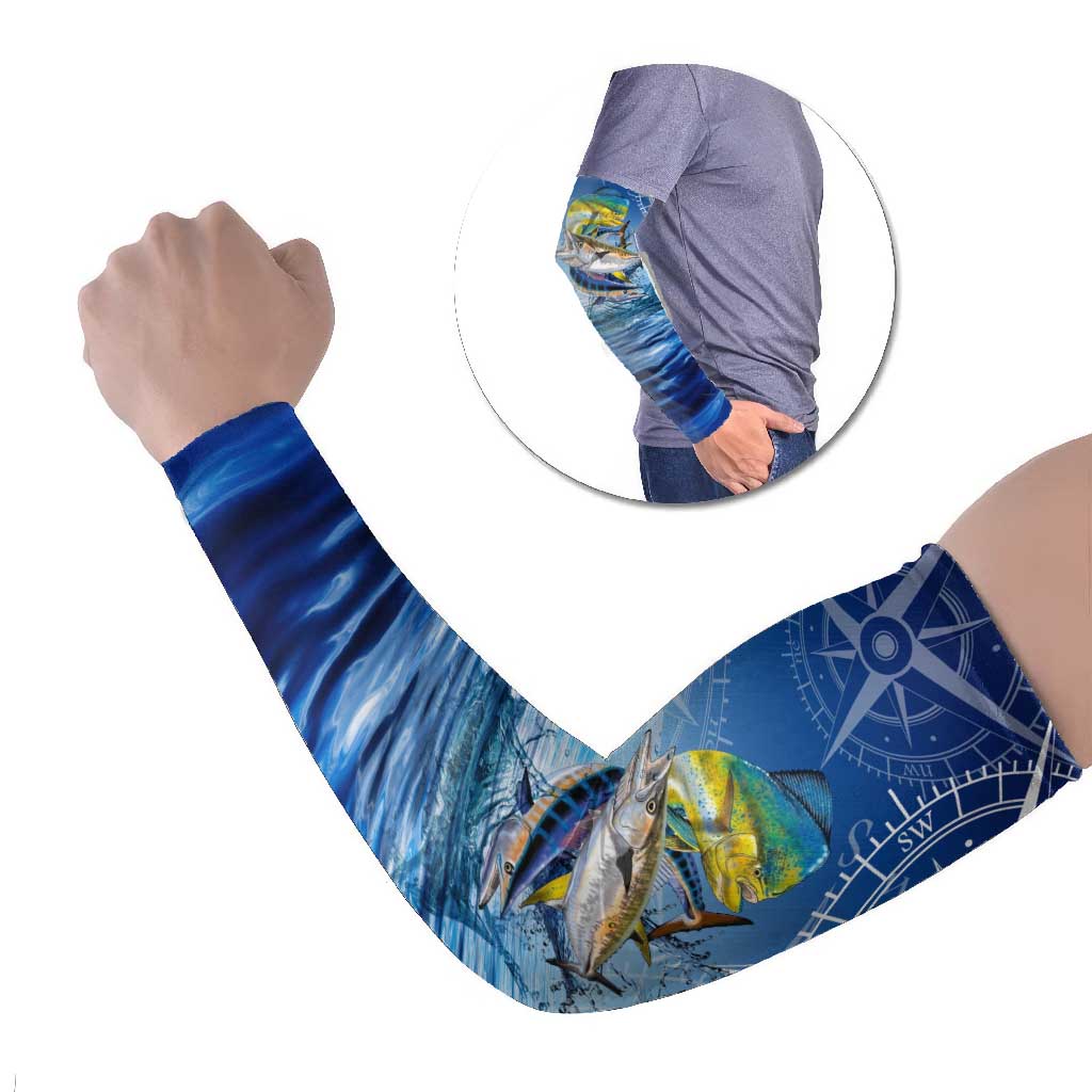 Mahi Mahi and Tuna Fish Arm Sleeves Fishing Ocean Water Background and Nautical Compass Elements - Wonder Print Shop