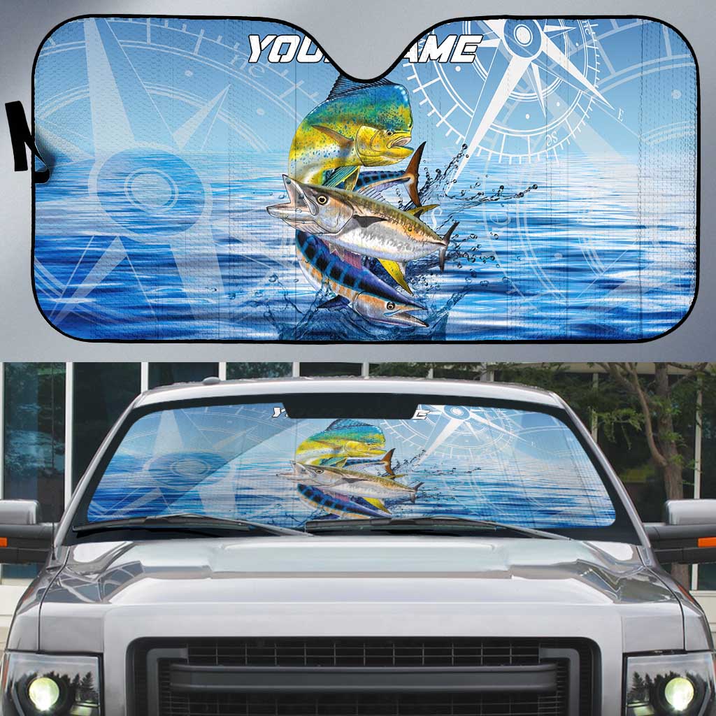 Mahi Mahi and Tuna Fish Auto Sun Shade Fishing Ocean Water Background and Nautical Compass Elements - Wonder Print Shop