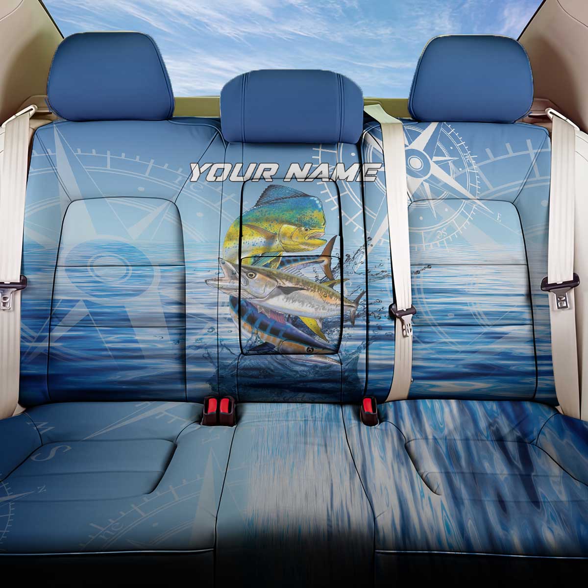 Mahi Mahi and Tuna Fish Back Car Seat Cover Fishing Ocean Water Background and Nautical Compass Elements - Wonder Print Shop