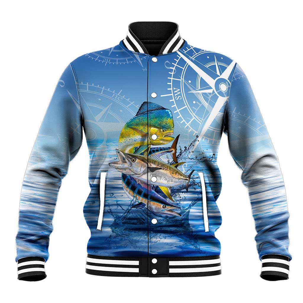 Mahi Mahi and Tuna Fish Baseball Jacket Fishing Ocean Water Background and Nautical Compass Elements - Wonder Print Shop