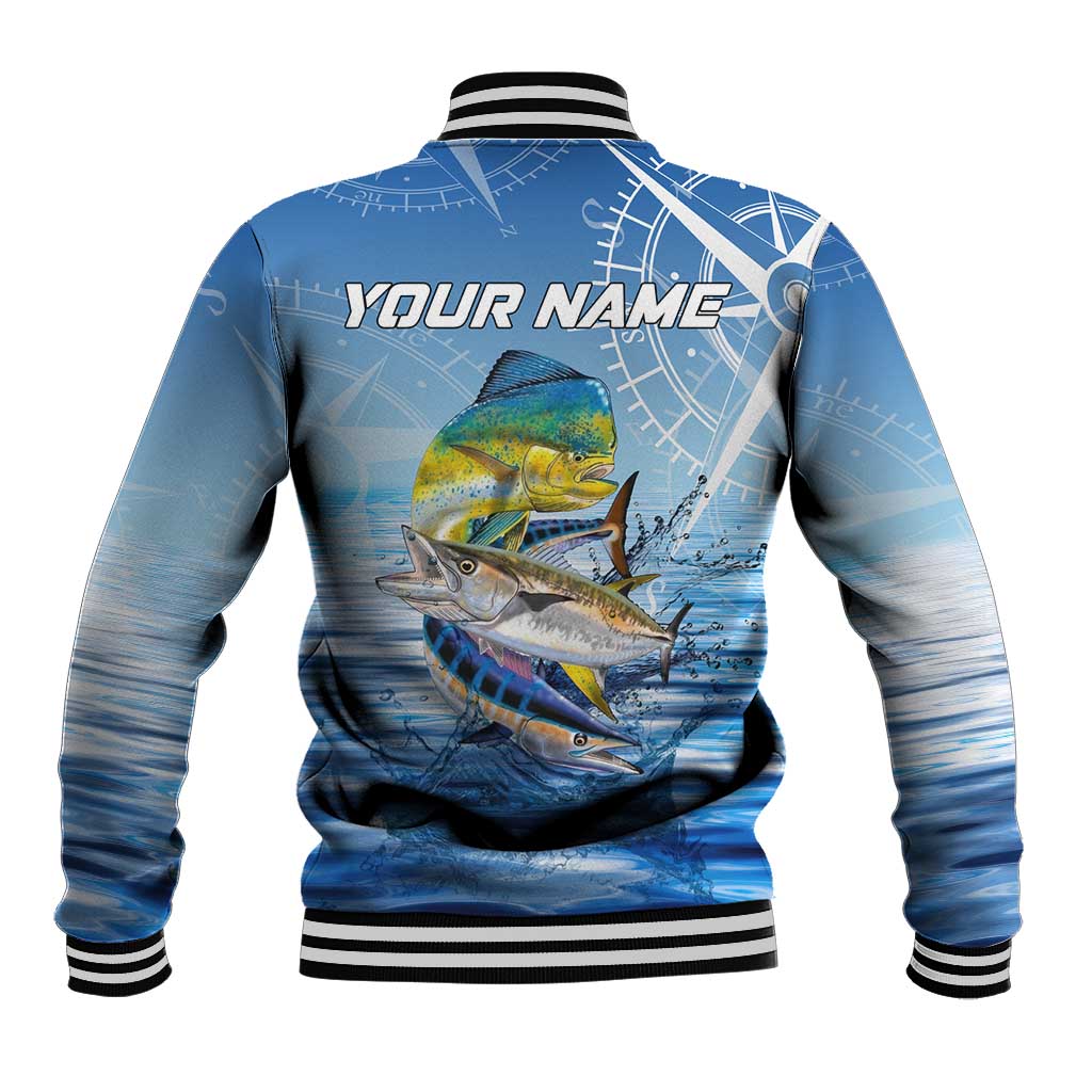 Mahi Mahi and Tuna Fish Baseball Jacket Fishing Ocean Water Background and Nautical Compass Elements - Wonder Print Shop