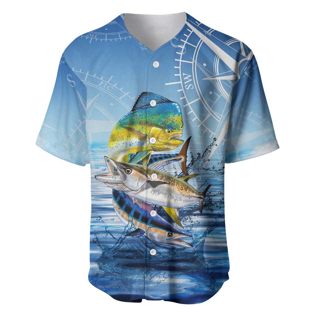 Mahi Mahi and Tuna Fish Baseball Jersey Fishing Ocean Water Background and Nautical Compass Elements - Wonder Print Shop