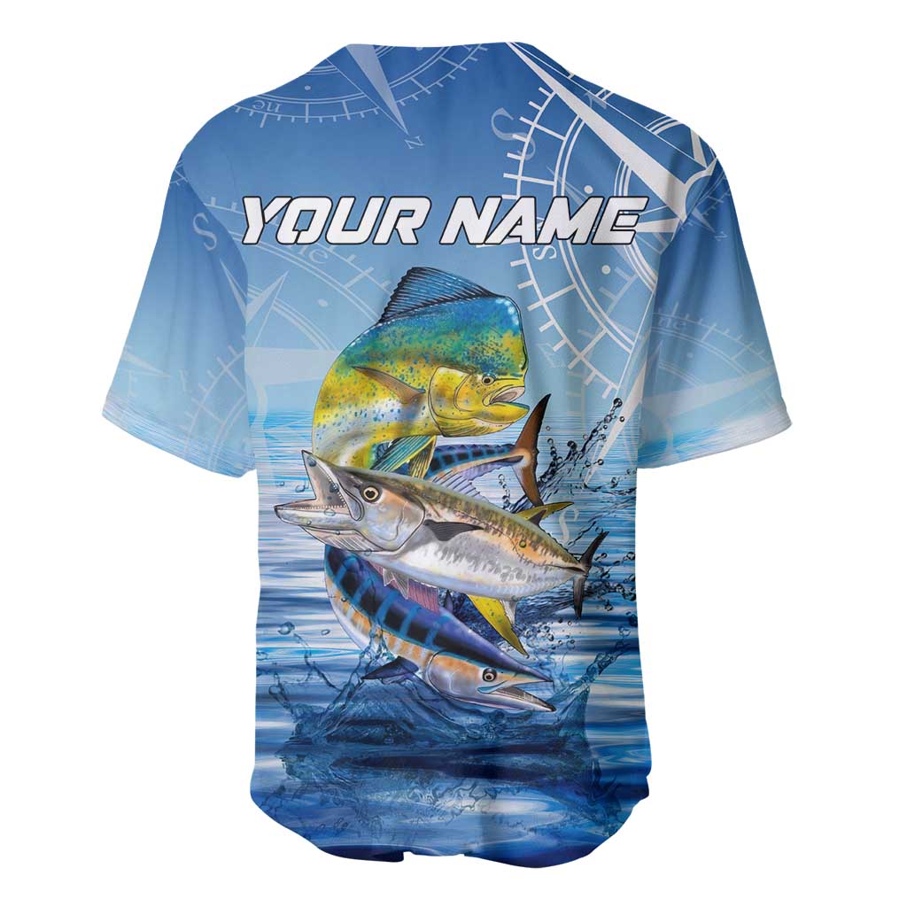 Mahi Mahi and Tuna Fish Baseball Jersey Fishing Ocean Water Background and Nautical Compass Elements - Wonder Print Shop