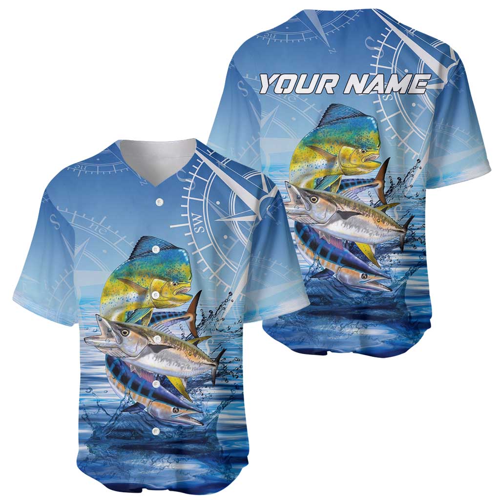 Mahi Mahi and Tuna Fish Baseball Jersey Fishing Ocean Water Background and Nautical Compass Elements - Wonder Print Shop