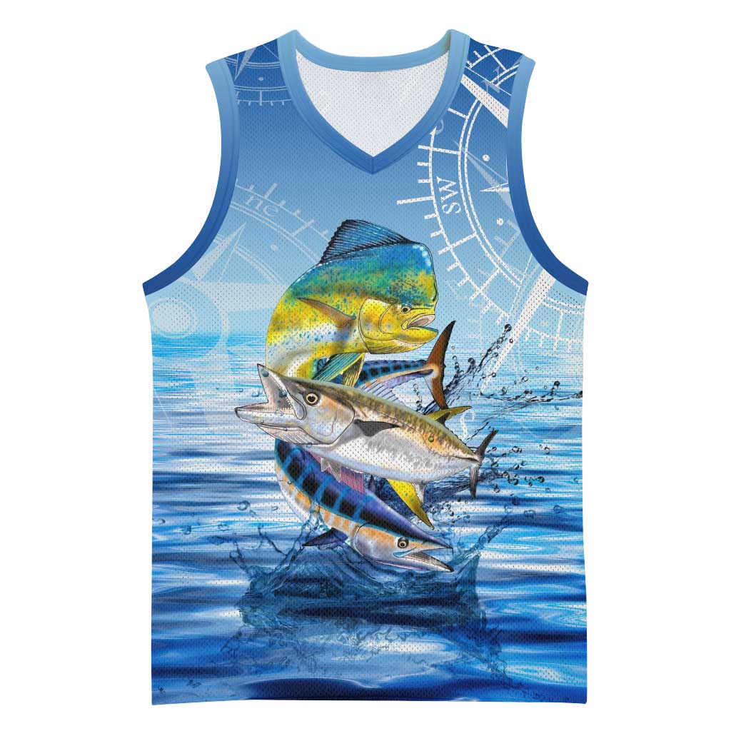 Mahi Mahi and Tuna Fish Basketball Jersey Fishing Ocean Water Background and Nautical Compass Elements - Wonder Print Shop