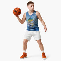 Mahi Mahi and Tuna Fish Basketball Jersey Fishing Ocean Water Background and Nautical Compass Elements - Wonder Print Shop