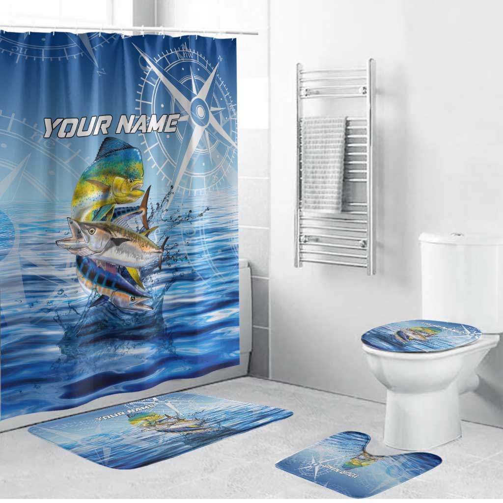 Mahi Mahi and Tuna Fish Bathroom Set Fishing Ocean Water Background and Nautical Compass Elements - Wonder Print Shop