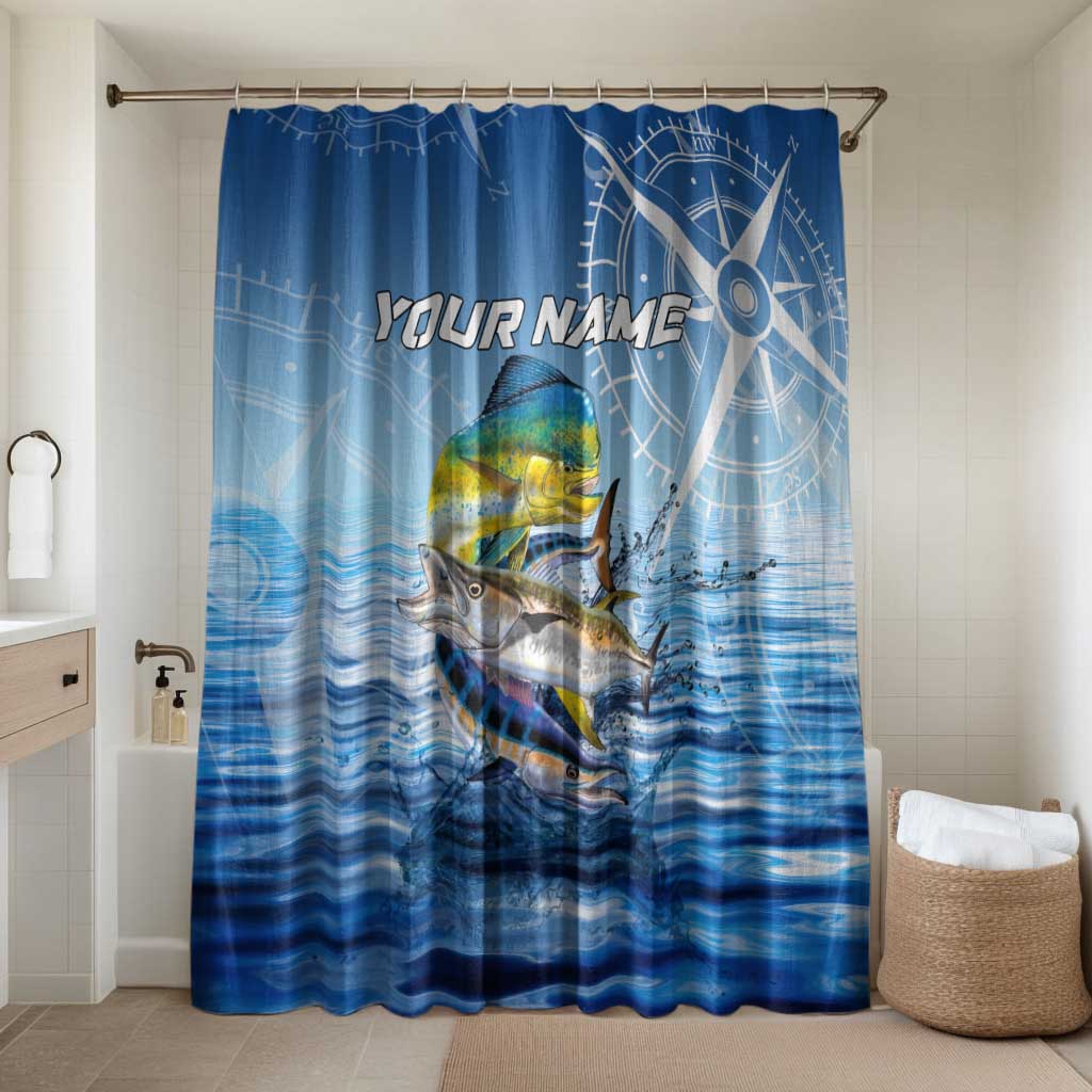 Mahi Mahi and Tuna Fish Bathroom Set Fishing Ocean Water Background and Nautical Compass Elements - Wonder Print Shop