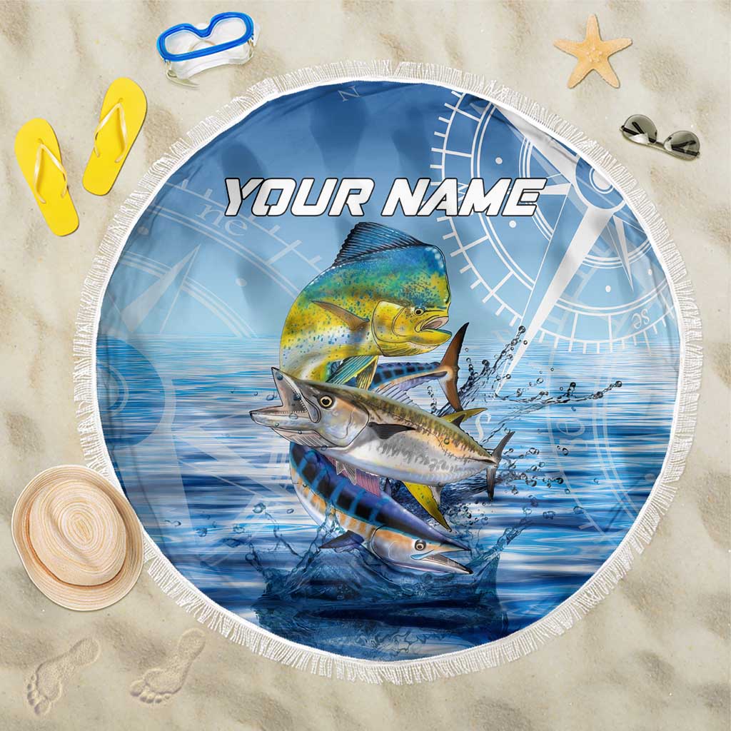 Mahi Mahi and Tuna Fish Beach Blanket Fishing Ocean Water Background and Nautical Compass Elements - Wonder Print Shop