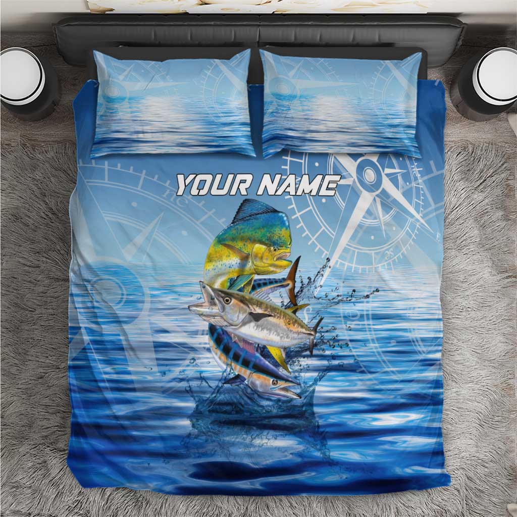 Mahi Mahi and Tuna Fish Bedding Set Fishing Ocean Water Background and Nautical Compass Elements - Wonder Print Shop