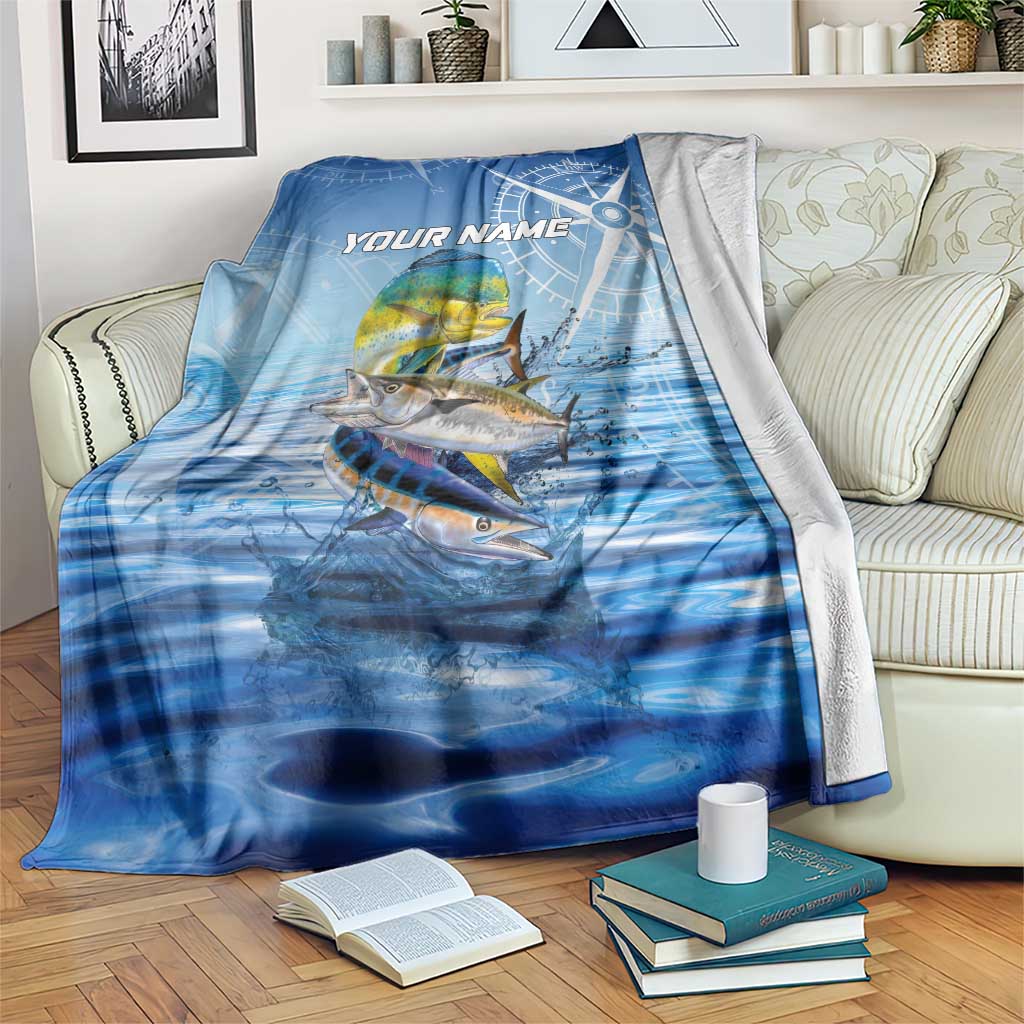 Mahi Mahi and Tuna Fish Blanket Fishing Ocean Water Background and Nautical Compass Elements - Wonder Print Shop