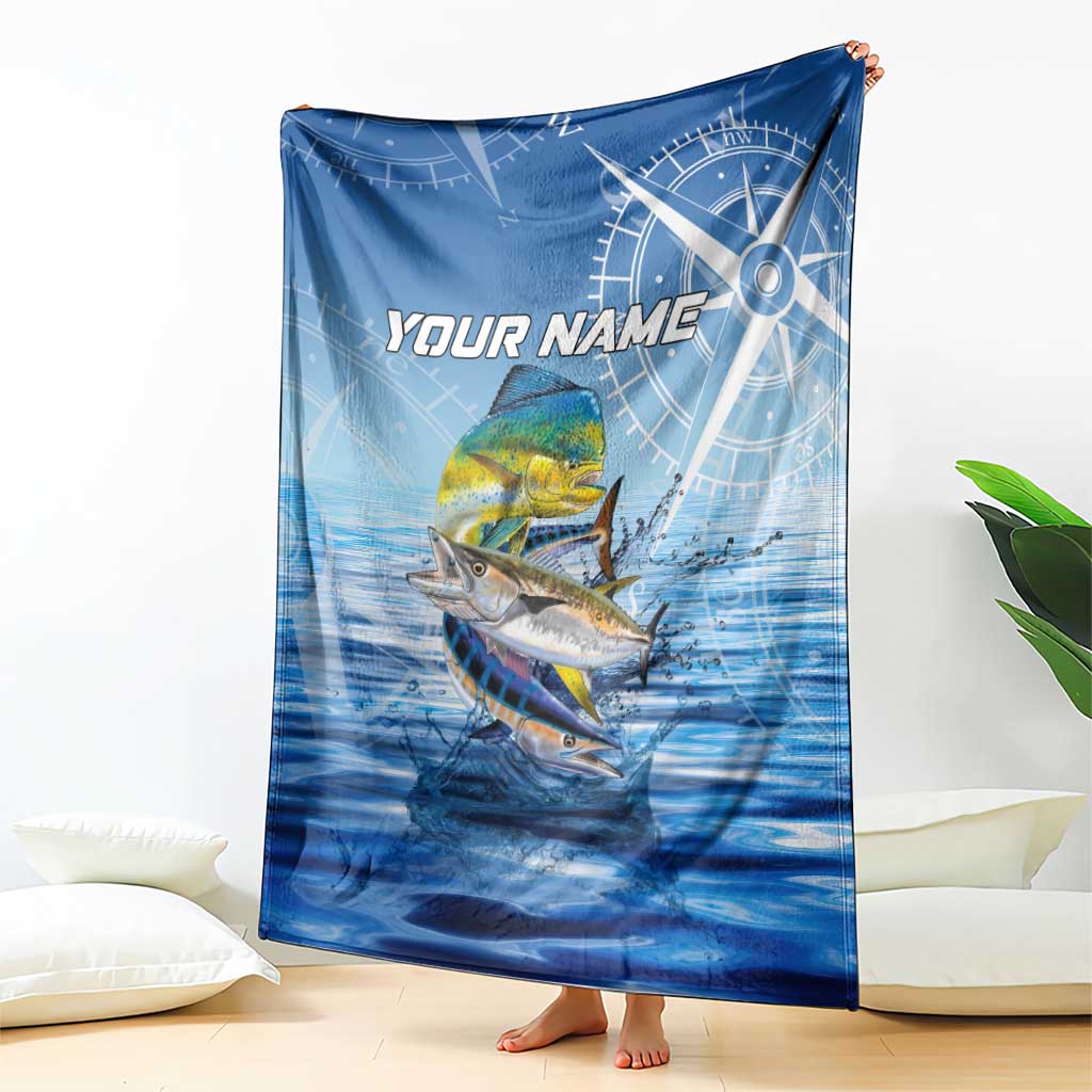 Mahi Mahi and Tuna Fish Blanket Fishing Ocean Water Background and Nautical Compass Elements - Wonder Print Shop