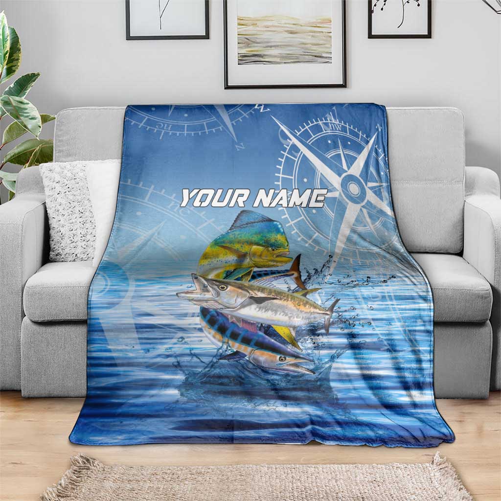 Mahi Mahi and Tuna Fish Blanket Fishing Ocean Water Background and Nautical Compass Elements - Wonder Print Shop