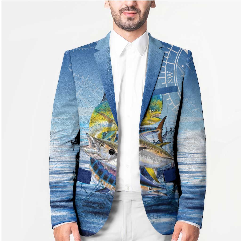 Mahi Mahi and Tuna Fish Blazer Fishing Ocean Water Background and Nautical Compass Elements - Wonder Print Shop