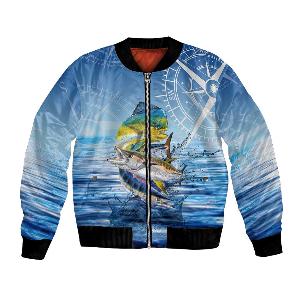 Mahi Mahi and Tuna Fish Bomber Jacket Fishing Ocean Water Background and Nautical Compass Elements - Wonder Print Shop