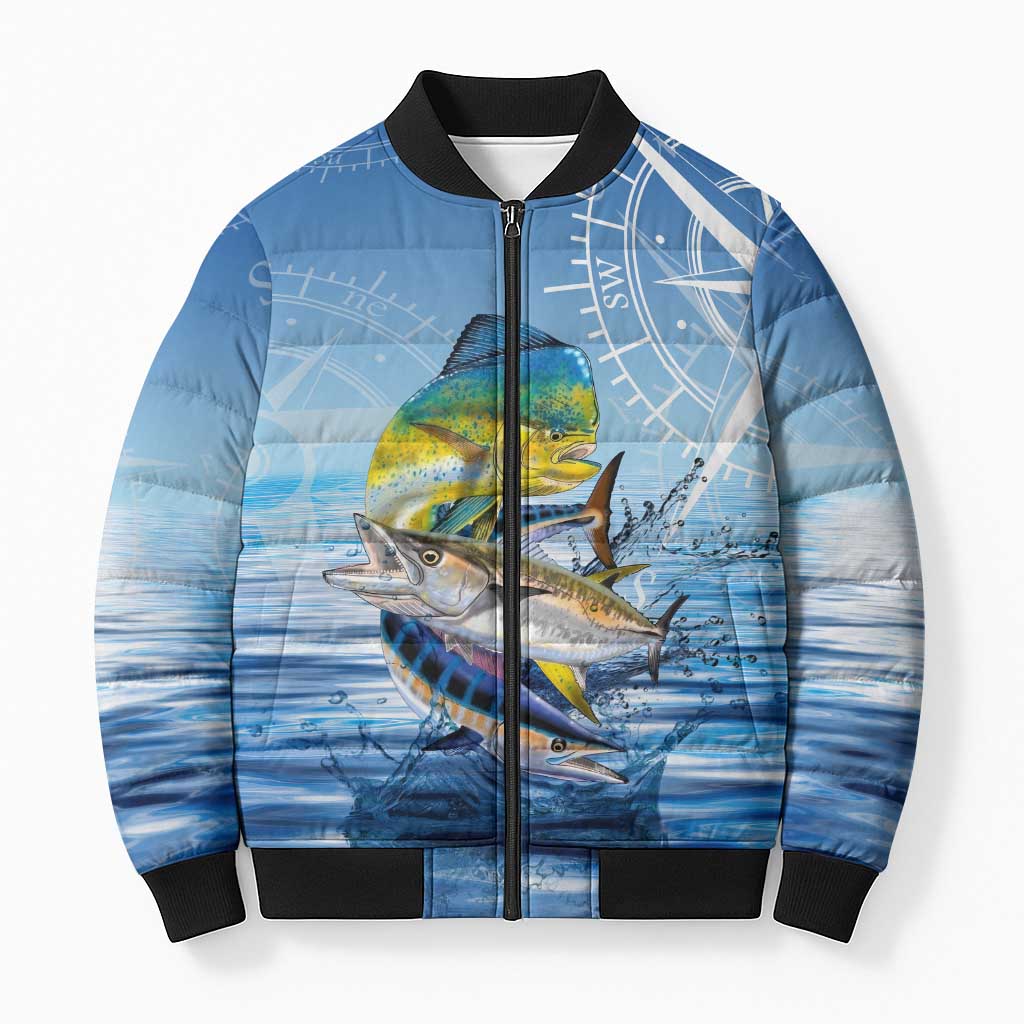 Mahi Mahi and Tuna Fish Bomber Puffer Jacket Fishing Ocean Water Background and Nautical Compass Elements - Wonder Print Shop