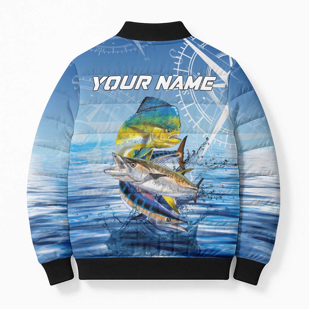 Mahi Mahi and Tuna Fish Bomber Puffer Jacket Fishing Ocean Water Background and Nautical Compass Elements - Wonder Print Shop