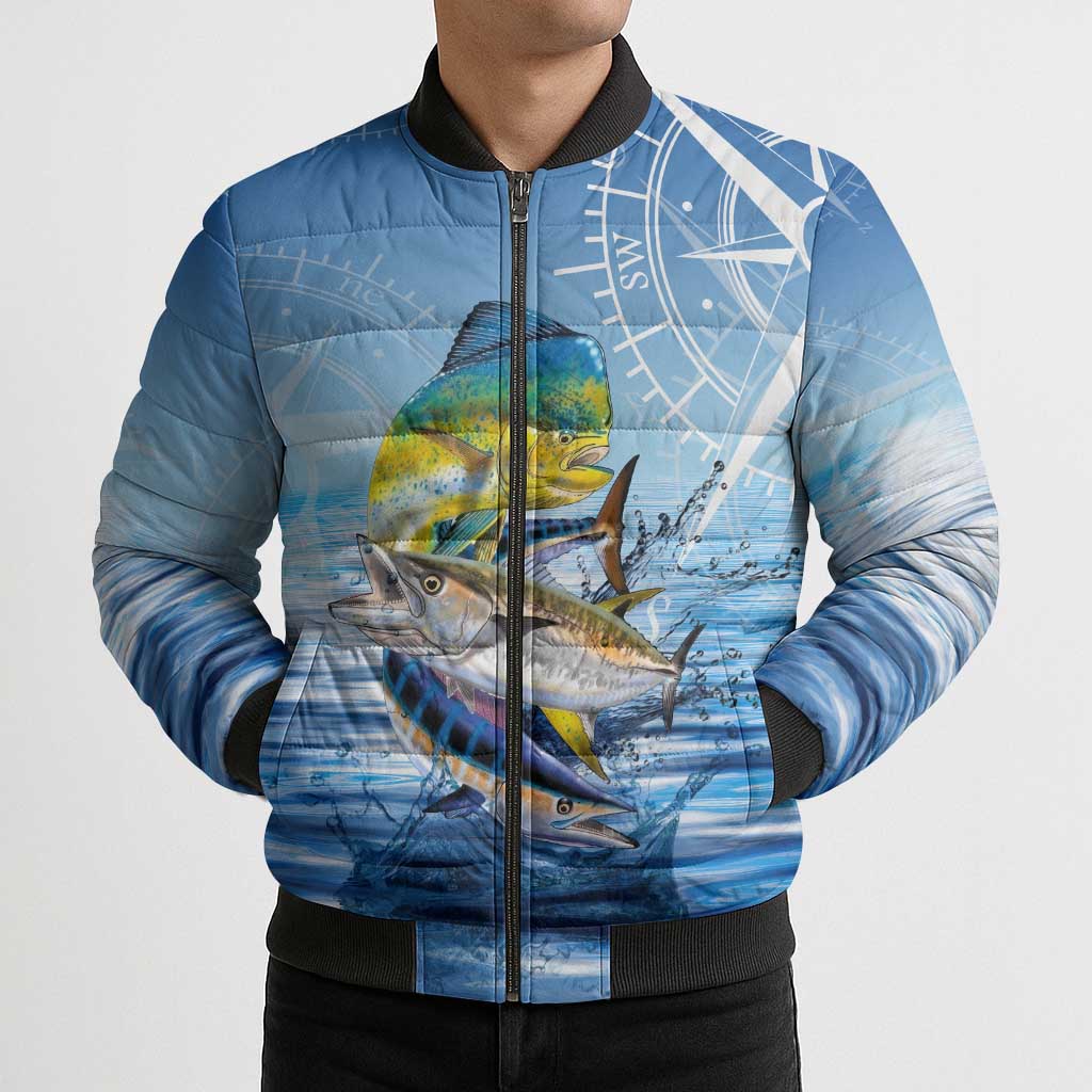 Mahi Mahi and Tuna Fish Bomber Puffer Jacket Fishing Ocean Water Background and Nautical Compass Elements - Wonder Print Shop