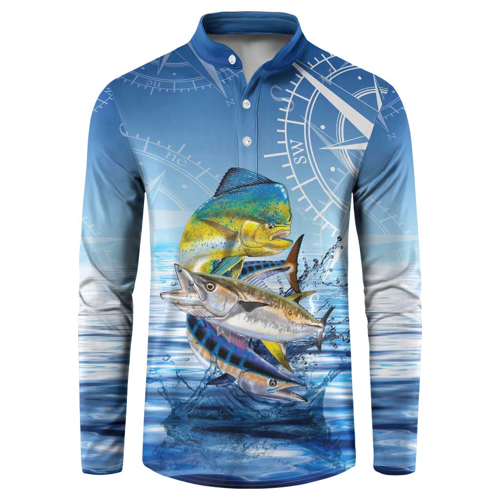 Mahi Mahi and Tuna Fish Button Sweatshirt Fishing Ocean Water Background and Nautical Compass Elements - Wonder Print Shop