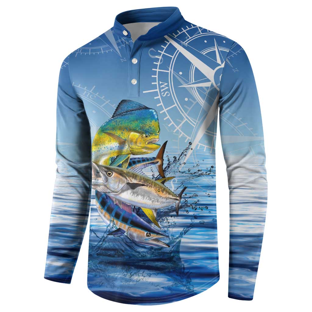 Mahi Mahi and Tuna Fish Button Sweatshirt Fishing Ocean Water Background and Nautical Compass Elements - Wonder Print Shop