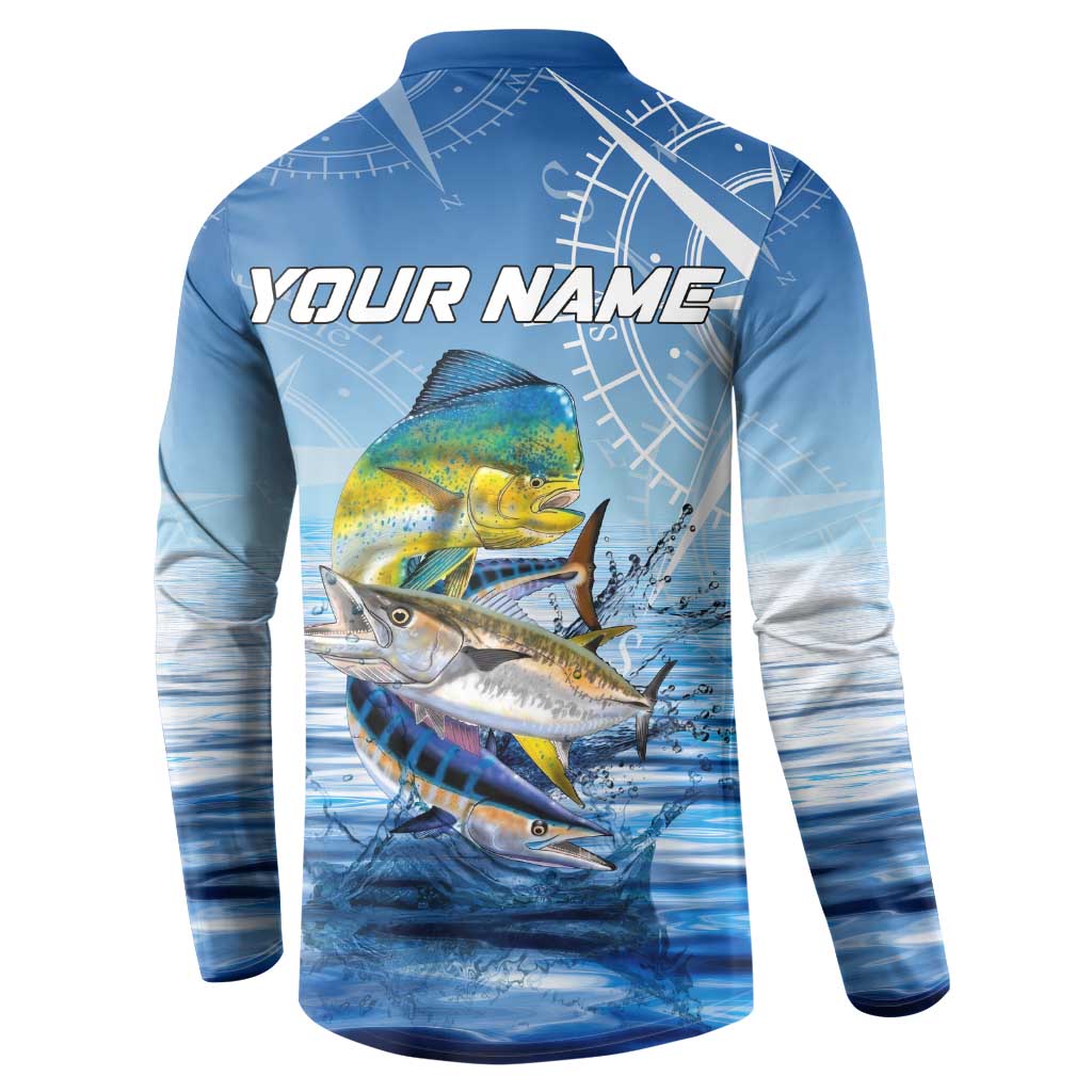 Mahi Mahi and Tuna Fish Button Sweatshirt Fishing Ocean Water Background and Nautical Compass Elements - Wonder Print Shop