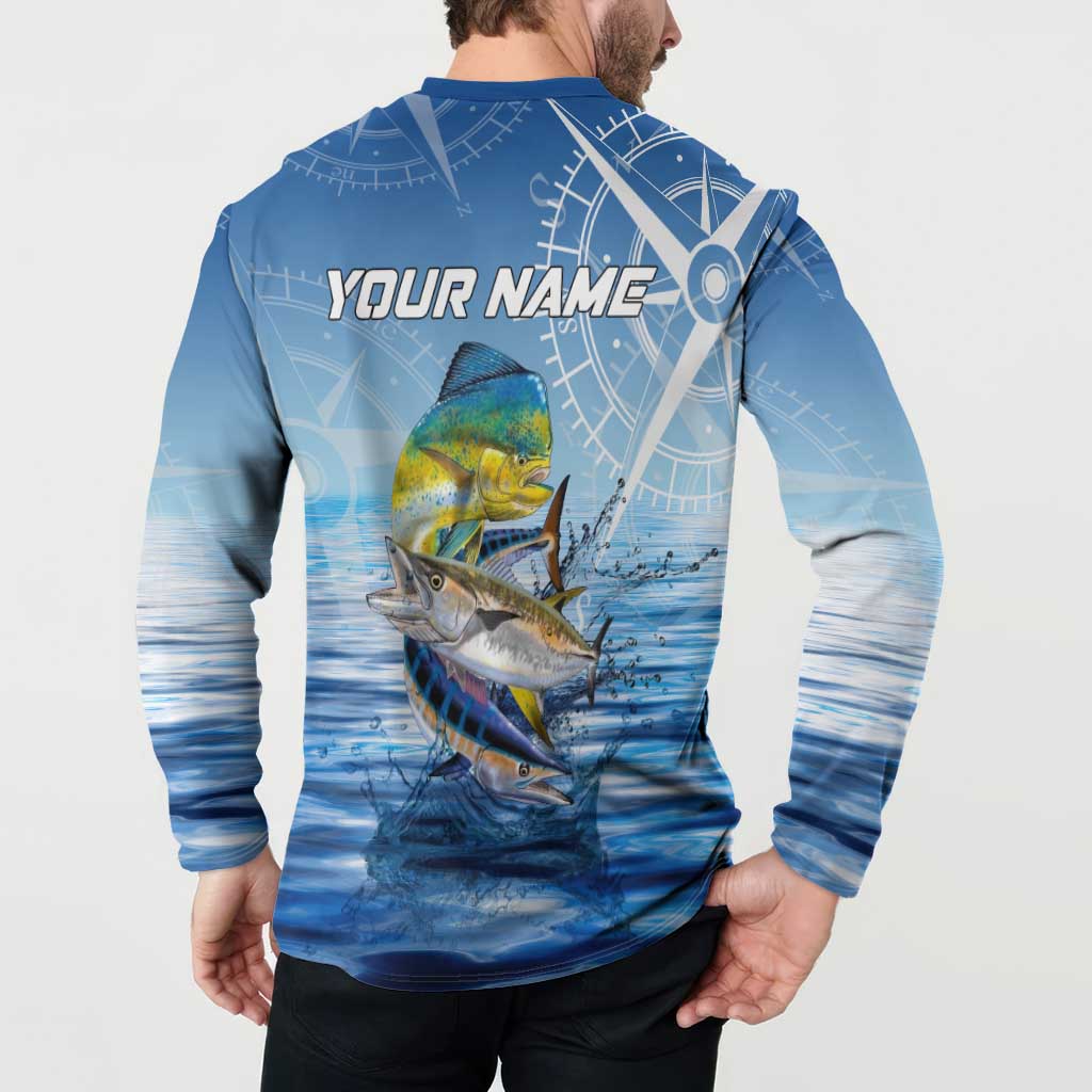 Mahi Mahi and Tuna Fish Button Sweatshirt Fishing Ocean Water Background and Nautical Compass Elements - Wonder Print Shop